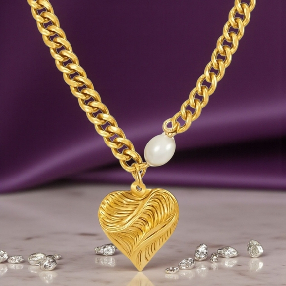 Cuban Chain Trendy Necklace Pearl Accent 18K Gold-Plated Stainless Steel - Picture 6 of 11